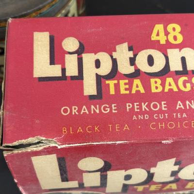 LOT 408: Boscul Coffee Tin, Log Cabin Syrup Tin,"Pure Fresh" Milk Caps, Imperial Tin Milk Caps, Puritan Baked Beans Jar, Hull,...