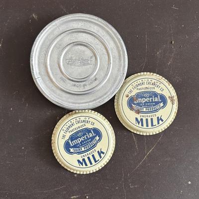 LOT 408: Boscul Coffee Tin, Log Cabin Syrup Tin,"Pure Fresh" Milk Caps, Imperial Tin Milk Caps, Puritan Baked Beans Jar, Hull,...