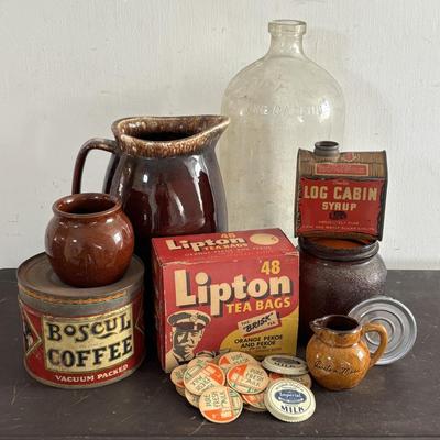 LOT 408: Boscul Coffee Tin, Log Cabin Syrup Tin,"Pure Fresh" Milk Caps, Imperial Tin Milk Caps, Puritan Baked Beans Jar, Hull,...