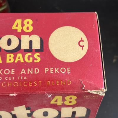 LOT 408: Boscul Coffee Tin, Log Cabin Syrup Tin,"Pure Fresh" Milk Caps, Imperial Tin Milk Caps, Puritan Baked Beans Jar, Hull,...