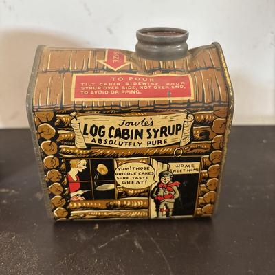 LOT 408: Boscul Coffee Tin, Log Cabin Syrup Tin,"Pure Fresh" Milk Caps, Imperial Tin Milk Caps, Puritan Baked Beans Jar, Hull,...