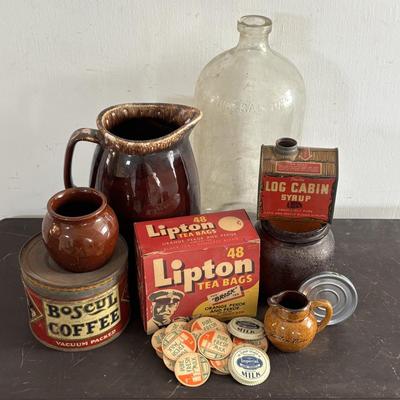 LOT 408: Boscul Coffee Tin, Log Cabin Syrup Tin,"Pure Fresh" Milk Caps, Imperial Tin Milk Caps, Puritan Baked Beans Jar, Hull,...