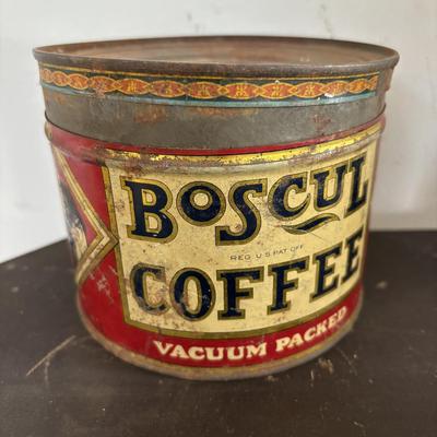 LOT 408: Boscul Coffee Tin, Log Cabin Syrup Tin,"Pure Fresh" Milk Caps, Imperial Tin Milk Caps, Puritan Baked Beans Jar, Hull,...