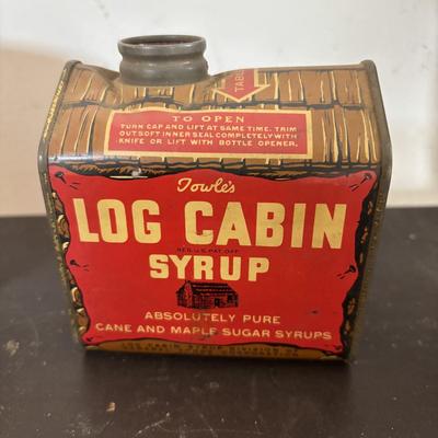 LOT 408: Boscul Coffee Tin, Log Cabin Syrup Tin,"Pure Fresh" Milk Caps, Imperial Tin Milk Caps, Puritan Baked Beans Jar, Hull,...