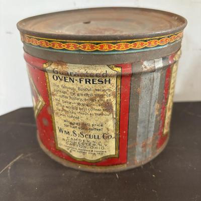 LOT 408: Boscul Coffee Tin, Log Cabin Syrup Tin,"Pure Fresh" Milk Caps, Imperial Tin Milk Caps, Puritan Baked Beans Jar, Hull,...