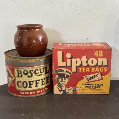 LOT 408: Boscul Coffee Tin, Log Cabin Syrup Tin,"Pure Fresh" Milk Caps, Imperial Tin Milk Caps, Puritan Baked Beans Jar, Hull,...