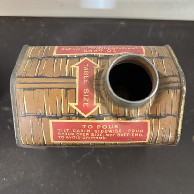 LOT 408: Boscul Coffee Tin, Log Cabin Syrup Tin,"Pure Fresh" Milk Caps, Imperial Tin Milk Caps, Puritan Baked Beans Jar, Hull,...