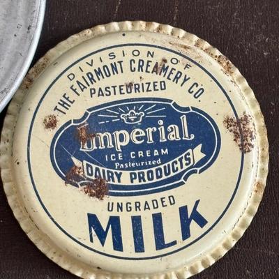 LOT 408: Boscul Coffee Tin, Log Cabin Syrup Tin,"Pure Fresh" Milk Caps, Imperial Tin Milk Caps, Puritan Baked Beans Jar, Hull,...