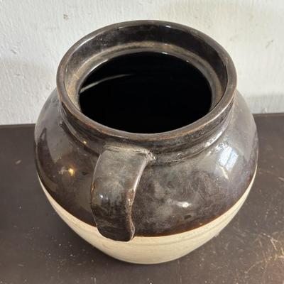 LOT 409: Vintage Stoneware Collection: #1 & #3 Bean Pots/Food Storage Crocks (no lids), Jugs & Amber Glass Bottle