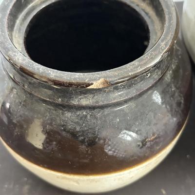 LOT 409: Vintage Stoneware Collection: #1 & #3 Bean Pots/Food Storage Crocks (no lids), Jugs & Amber Glass Bottle