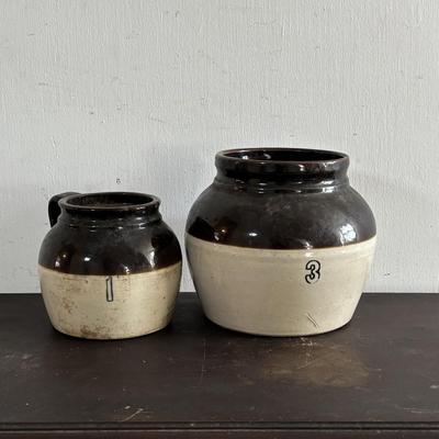 LOT 409: Vintage Stoneware Collection: #1 & #3 Bean Pots/Food Storage Crocks (no lids), Jugs & Amber Glass Bottle