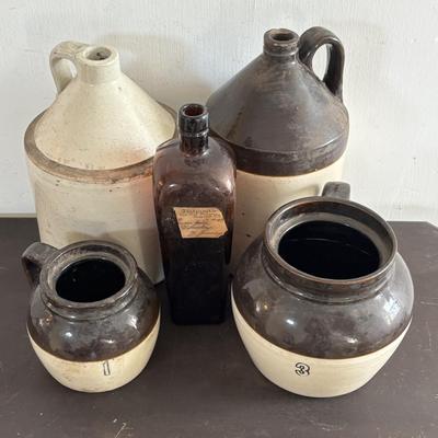 LOT 409: Vintage Stoneware Collection: #1 & #3 Bean Pots/Food Storage Crocks (no lids), Jugs & Amber Glass Bottle