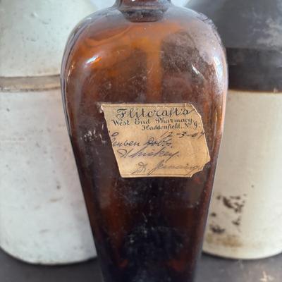 LOT 409: Vintage Stoneware Collection: #1 & #3 Bean Pots/Food Storage Crocks (no lids), Jugs & Amber Glass Bottle