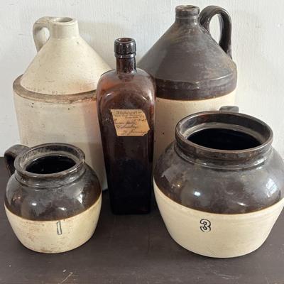 LOT 409: Vintage Stoneware Collection: #1 & #3 Bean Pots/Food Storage Crocks (no lids), Jugs & Amber Glass Bottle