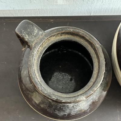 LOT 409: Vintage Stoneware Collection: #1 & #3 Bean Pots/Food Storage Crocks (no lids), Jugs & Amber Glass Bottle