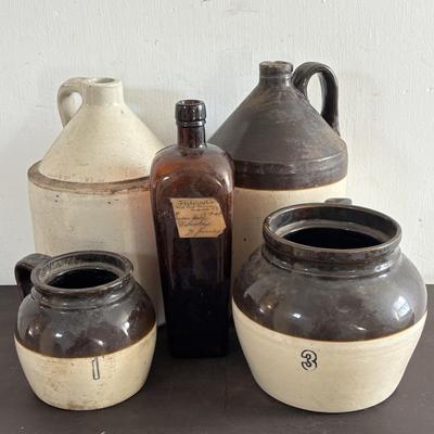 LOT 409: Vintage Stoneware Collection: #1 & #3 Bean Pots/Food Storage Crocks (no lids), Jugs & Amber Glass Bottle