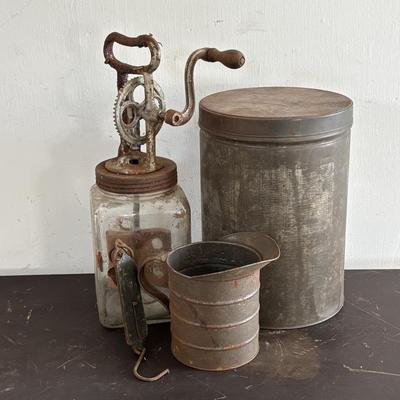 LOT 411: Vintage Kitchen: Butter Churn, Rustic Tin, Measuring Cup & Scale