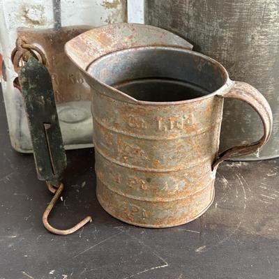 LOT 411: Vintage Kitchen: Butter Churn, Rustic Tin, Measuring Cup & Scale