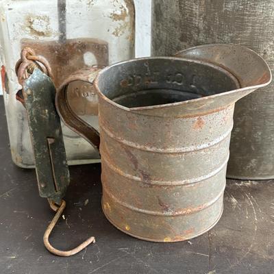LOT 411: Vintage Kitchen: Butter Churn, Rustic Tin, Measuring Cup & Scale