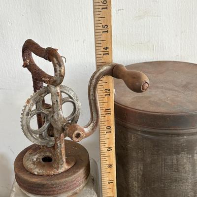 LOT 411: Vintage Kitchen: Butter Churn, Rustic Tin, Measuring Cup & Scale