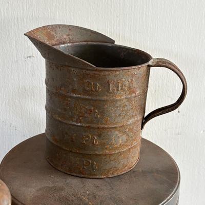 LOT 411: Vintage Kitchen: Butter Churn, Rustic Tin, Measuring Cup & Scale