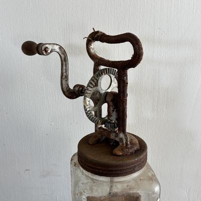 LOT 411: Vintage Kitchen: Butter Churn, Rustic Tin, Measuring Cup & Scale