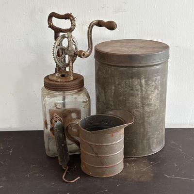 LOT 411: Vintage Kitchen: Butter Churn, Rustic Tin, Measuring Cup & Scale
