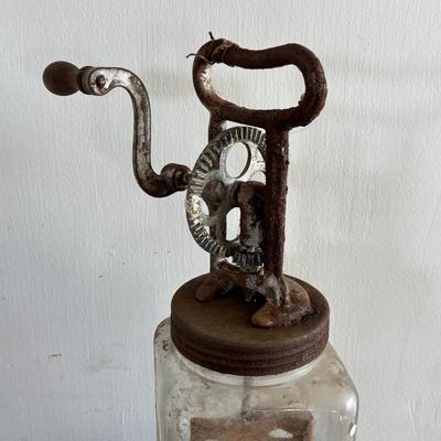 LOT 411: Vintage Kitchen: Butter Churn, Rustic Tin, Measuring Cup & Scale