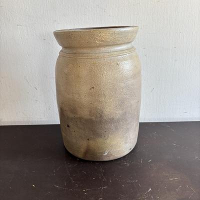 LOT 414: Antique Salt Glaze Lidded Crock & Brown Glaze Stoneware Crocks