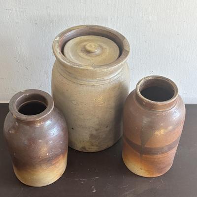 LOT 414: Antique Salt Glaze Lidded Crock & Brown Glaze Stoneware Crocks