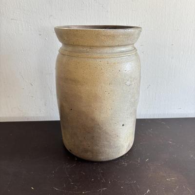 LOT 414: Antique Salt Glaze Lidded Crock & Brown Glaze Stoneware Crocks