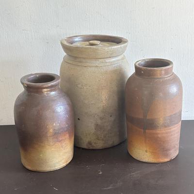LOT 414: Antique Salt Glaze Lidded Crock & Brown Glaze Stoneware Crocks