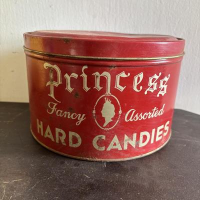 LOT 415: Vintage Tins: Tetley Tea Bags, Princess Hard Candies, Jane Parker Potato Chips, H. Fox & Co. Double Sided Glass Bottle/Bank...