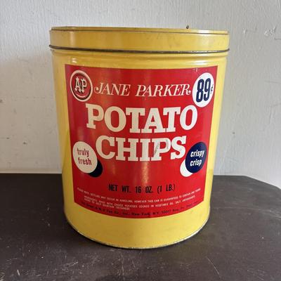 LOT 415: Vintage Tins: Tetley Tea Bags, Princess Hard Candies, Jane Parker Potato Chips, H. Fox & Co. Double Sided Glass Bottle/Bank...