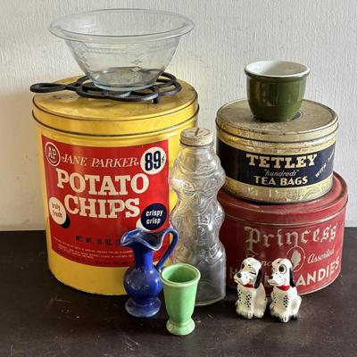 LOT 415: Vintage Tins: Tetley Tea Bags, Princess Hard Candies, Jane Parker Potato Chips, H. Fox & Co. Double Sided Glass Bottle/Bank...