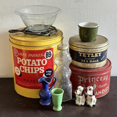 LOT 415: Vintage Tins: Tetley Tea Bags, Princess Hard Candies, Jane Parker Potato Chips, H. Fox & Co. Double Sided Glass Bottle/Bank...