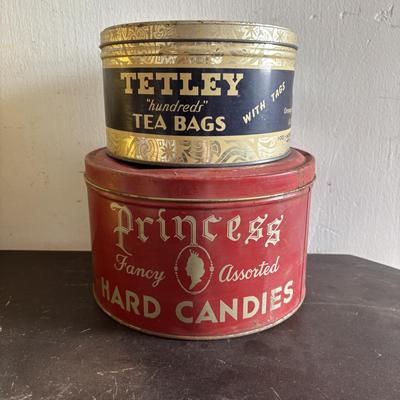 LOT 415: Vintage Tins: Tetley Tea Bags, Princess Hard Candies, Jane Parker Potato Chips, H. Fox & Co. Double Sided Glass Bottle/Bank...