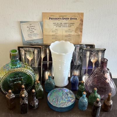 LOT 420: Clevenger Bros. White Horse Historical Society Amethyst Bottle, Holly City Bottle & Paper Weight President Spoon Collection,...