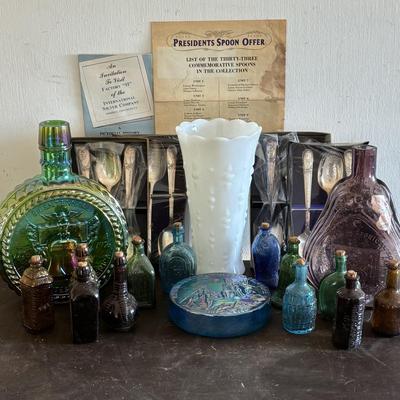 LOT 420: Clevenger Bros. White Horse Historical Society Amethyst Bottle, Holly City Bottle & Paper Weight President Spoon Collection,...