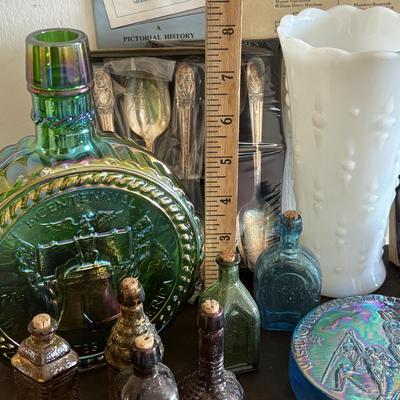 LOT 420: Clevenger Bros. White Horse Historical Society Amethyst Bottle, Holly City Bottle & Paper Weight President Spoon Collection,...