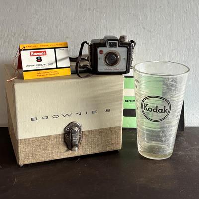 LOT 421: Vintage Eastman Kodal 32oz Darkroom Beaker, Kodak Brownie 8 Movie Projector, Brownie Holiday Camera