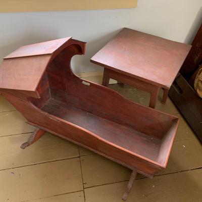 LOT433: Vintage Wood Doll Cradle and Small Wood Side Table