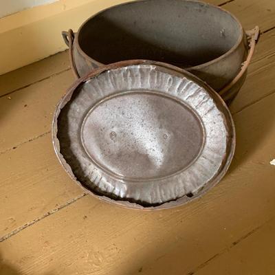 LOT 435: Antique/Vintage Long Cast Iron Oval Griddle with Spout, Oval Cast Iron Pot with Lid, Butcher's Clever with Wood Handle and...