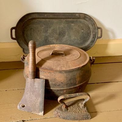 LOT 435: Antique/Vintage Long Cast Iron Oval Griddle with Spout, Oval Cast Iron Pot with Lid, Butcher's Clever with Wood Handle and...