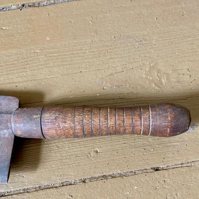 LOT 435: Antique/Vintage Long Cast Iron Oval Griddle with Spout, Oval Cast Iron Pot with Lid, Butcher's Clever with Wood Handle and...