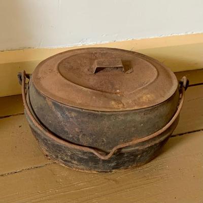 LOT 435: Antique/Vintage Long Cast Iron Oval Griddle with Spout, Oval Cast Iron Pot with Lid, Butcher's Clever with Wood Handle and...