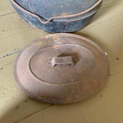 LOT 435: Antique/Vintage Long Cast Iron Oval Griddle with Spout, Oval Cast Iron Pot with Lid, Butcher's Clever with Wood Handle and...