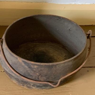 LOT 435: Antique/Vintage Long Cast Iron Oval Griddle with Spout, Oval Cast Iron Pot with Lid, Butcher's Clever with Wood Handle and...