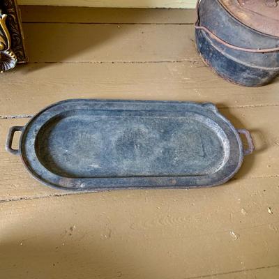 LOT 435: Antique/Vintage Long Cast Iron Oval Griddle with Spout, Oval Cast Iron Pot with Lid, Butcher's Clever with Wood Handle and...