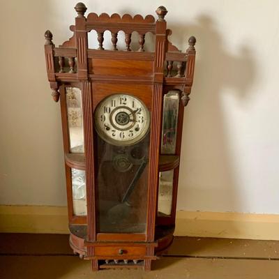LOT 436: Antique Victorian Wood Wall Clock with Side Mirror and Shelves and Lower Drawer w/ Keys